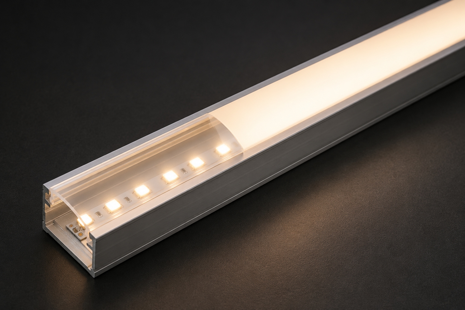 Difuzor D1 mléčný 2m - příklad instalace v AL profilu s LED páskem